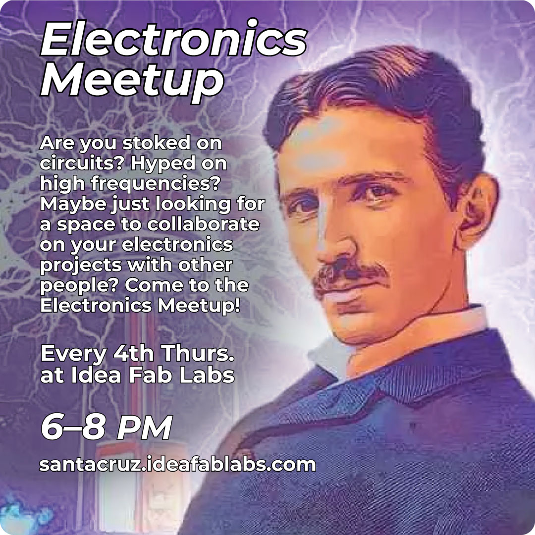 Flier for the event featuring a photo of Nicola Tesla with lightning in the background.